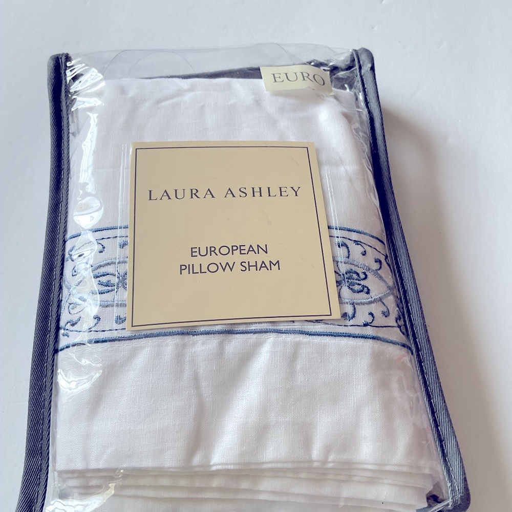 LAURA ASHLEY EUROPEAN PILLOW SHAM LINEN AND COTTON WHITE WITH BLUE EMBROIDERY